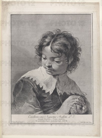 Boy with a lace collar holding a piece of fruit in his hands, 1743.  Creator: Giovanni Cattini.