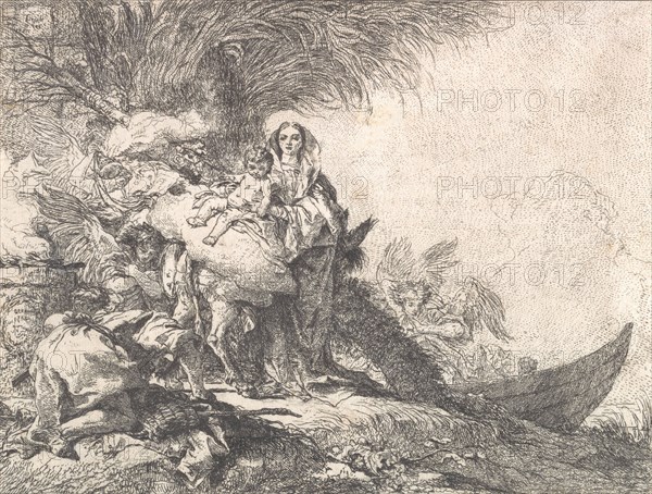 Joseph Adoring the Christ Child near a Smoking Altar, from the Flight into Egypt, 1752. Creator: Giovanni Domenico Tiepolo.