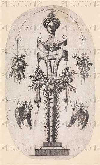 Design for a Term with the Head of Woman, Strapwork and Trophies, 1535-55. Creator: Jean Mignon.