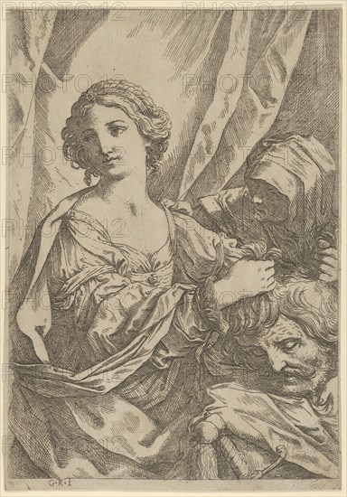 Judith grasping the head of Holofernes by the hair and looking to the left, an old wo..., 1600-1640. Creator: Giovanni Andrea Sirani.