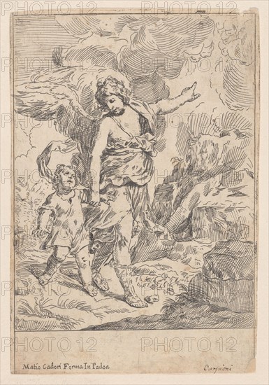 A guardian angel walking hand in hand with a young child, 1640-60. Creator: Giulio Carpioni.