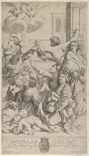 Massacre of the Innocents; group of women and children being attacked, two angels a..., ca. 1640-70. Creator: Gian Battista Bolognini.