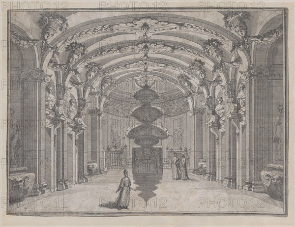 Theatrical scene in a great hall with a vaulted ceiling and a central sculpture; ..., ca. 1687-1717. Creator: Giacomo-Maria Giovannini.