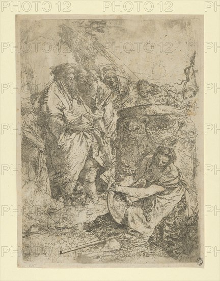 Woman kneeling in front of Magicians and other Figures, from the Scherzi, ca. 1740. Creator: Giovanni Battista Tiepolo.