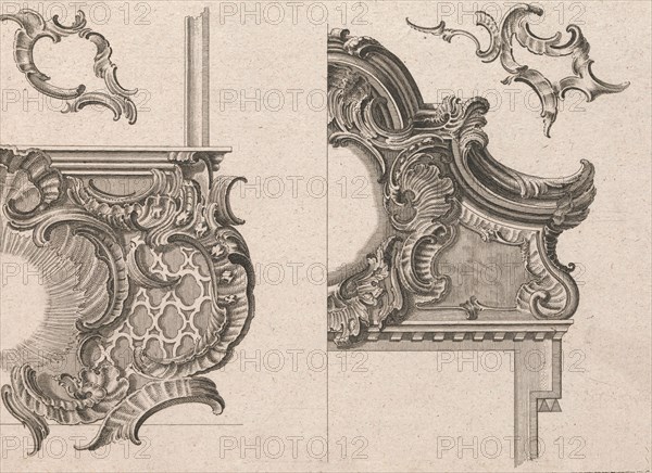 Suggestion for the Decoration of Lower Right and Top Right of a Framel, Pla..., Printed ca. 1750-56. Creator: Jeremias Wachsmuth.