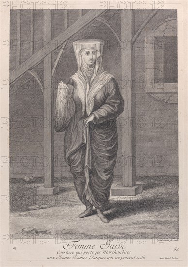 Femme Juive, Courtiere qui porte ses Marchandises aux Juenes Dames Turques qui ne peuve..., 1714-15. Creator: Unknown.
