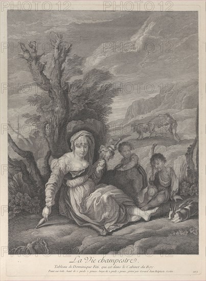 A country woman sitting in landscape with two boys at her side, 1729-40. Creator: Gérard Jean-Baptiste Scotin.