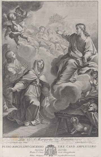 Saint Margarita of Cortona, kneeling before Christ, after Pietro Andrea Pucciardi..., ca. 1702-1741. Creators: Giovanni Girolamo Frezza, Giovanni Battista Calandrucci.