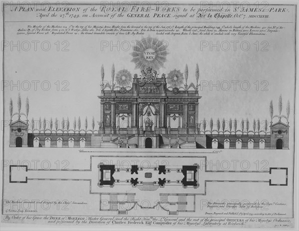 Peace of Aix-la-Chapelle: A Plan and Elevation of the Royal Fire-Works, London, 1749, ..., ca. 1749. Creator: George Vertue.