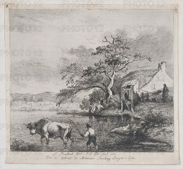 Herdsman and Bull, after Ruisdael, 1772. Creator: Jean-Jacques de Boissieu.