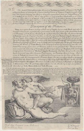 Raffle Ticket for the Painting of Venus and Cupid after Michelangelo, 1734. Creator: Gerard Vandergucht.