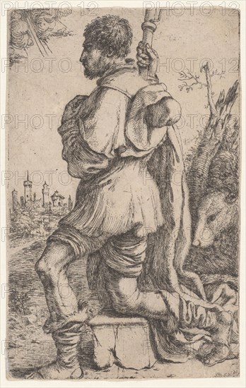 Saint Roch, kneeling on a stone, seen from the side with his dog behind him..., 1620-30. Creator: Giuseppe Caletti.