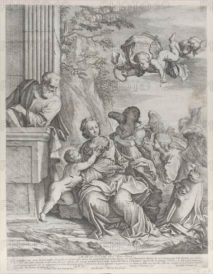 The Holy Family with angels at right and overhead, 1652. Creator: Giovanni Battista Beinaschi.