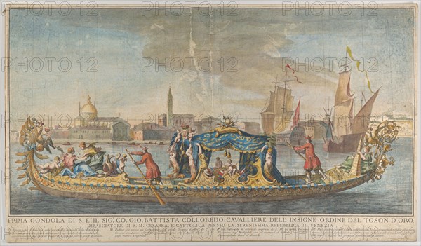 The highly ornamented first gondola of Ambassador Giovanni Battista Colloreado entering..., 1720-30. Creator: Giovanni Antonio Faldoni.