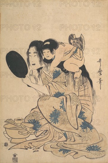 Yamauba blackening Her teeth and Kintoki, ca. 1795. Creator: Kitagawa Utamaro.