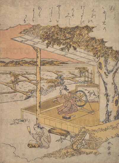 Woman on Veranda, Spinning..., 18th century. Creator: Shunsho.