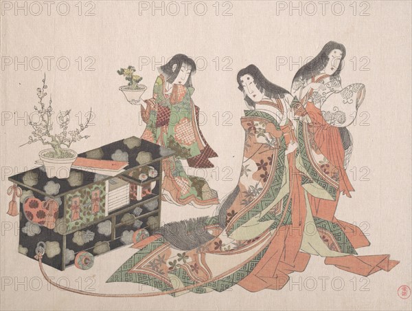 Court Ladies Dragging a Cabinet along the Floor, 19th century. Creator: Kubo Shunman.