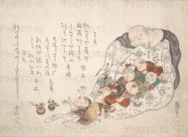 Hotei Opening His Bag which Is Full of Small Boys, ca. early 19th century. Creator: Kita Busei.
