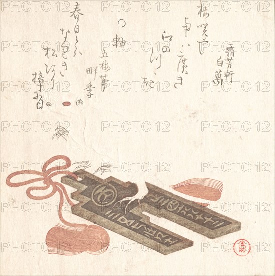 Rat on a Fuchin, Ornament with a Design of Egoyomi (Pictorial Calendar), 1816. Creator: Kubo Shunman.