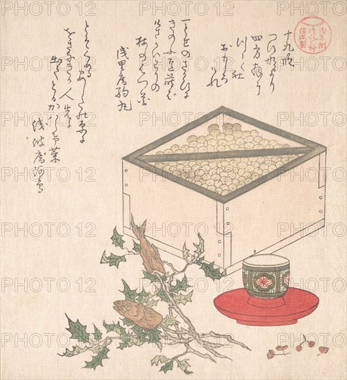 Green Peas in a Measure and Sprays of Hollyhock with Heads of Sardines..., 19th century. Creator: Kubo Shunman.