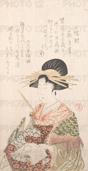 Courtesan with Book and Hair-Pin, 19th century. Creator: Kubo Shunman.