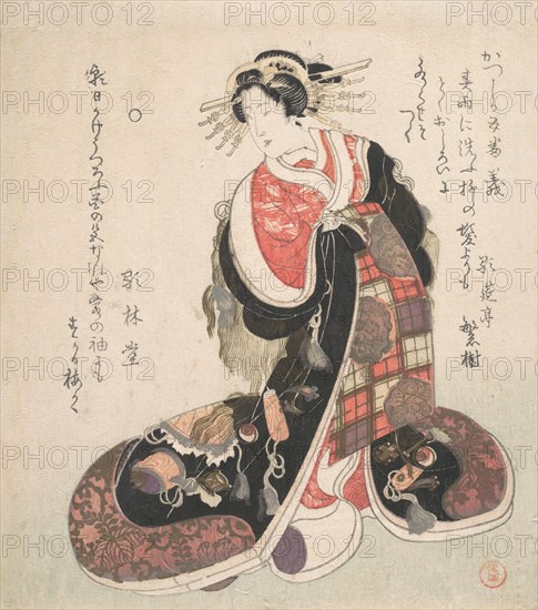 Courtesan Dressed in an Elaborate Gown Embroidered with Emblems of Good Luck, ca. 1800. Creator: Kubo Shunman.