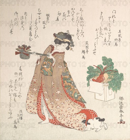 Young Woman Carrying a Wine-Pot for the New Year Ceremony, ca. 1815. Creator: Katsukawa Shuntei.