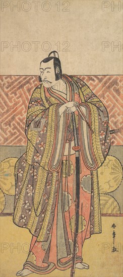 Ichikawa Danjuro V as Kudo Suketsune, Richly Attired, Leaning on His Sword, late 18th century. Creator: Shunsho.