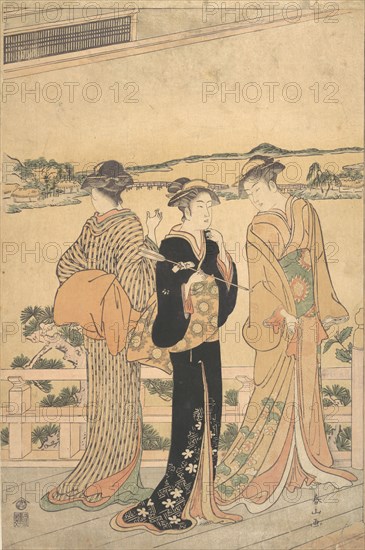 Three Women on a Veranda Overlooking a Bay, late 19th century. Creator: Katsukawa Shunzan.
