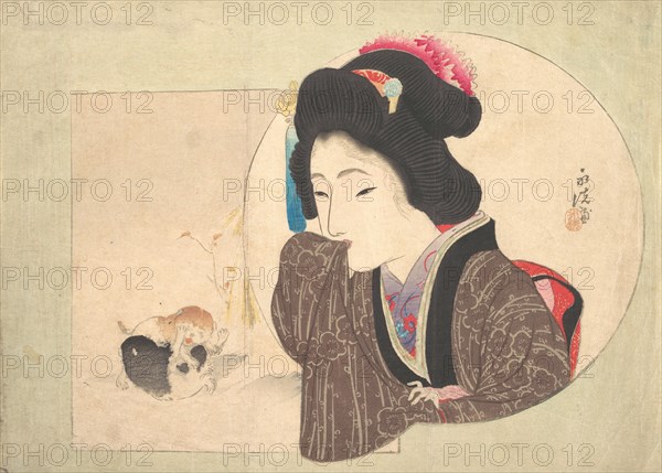 Print [woman and puppies], early-mid 19th century. Creator: Ikeda Eisen.