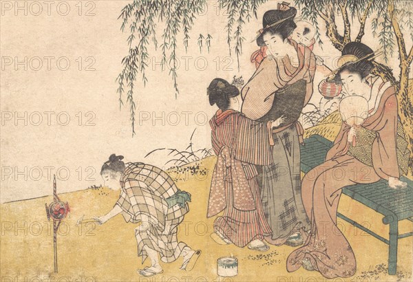 A Child Lighting Fireworks, from the illustrated book Flowers of the Four Seasons, 1801. Creator: Kitagawa Utamaro.