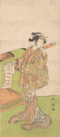 The Actor Iwai Hanshiro IV in Female Role, Standing Beside a Litter, 1726-1792. Creator: Shunsho.
