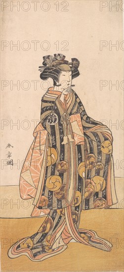 Yoshizawa Iroha as a Woman (Tomoe Gozen?) Standing on the Bank, 1774 or 1775. Creator: Shunsho.