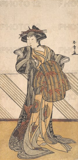 The Fourth Iwai Hanshiro as a Courtesan Dressed in a Pink Kimono, ca. 1778. Creator: Shunsho.