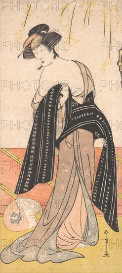 The Actor Nakamura Riko as an Oiran Tying Her Obi, ca. 1779. Creator: Shunsho.