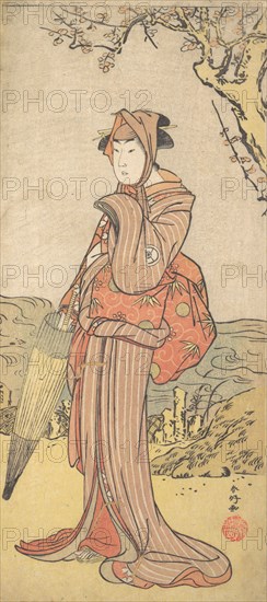 Iwai Kiyotaro as a Woman Standing under a Plum Tree, ca. 1788. Creator: Katsukawa Shunko.