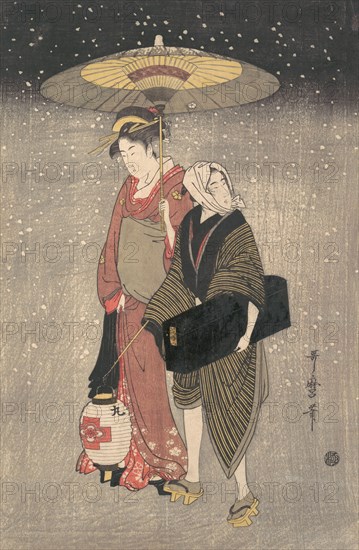 Geisha Walking through the Snow at Night, ca. 1797. Creator: Kitagawa Utamaro.