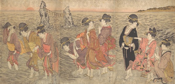 Women Worshipping the Rising Sun between the Twin Rocks at Ise, late 18th-early 19th century. Creator: Kitagawa Utamaro.