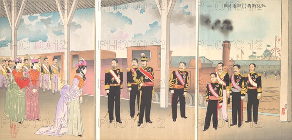 Illustration of the Arrival of the Emperor at Shinbashi Station Following a Victory (Gaise..., 1895. Creator: Kobayashi Kiyochika.