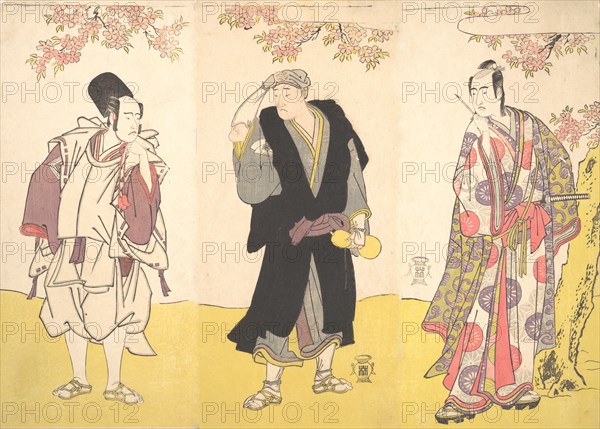 Kabuki Actors Ichikawa Yaozo III, Onoe Matsusuke I, and Sawamura Sojuro III, 11th month, 1786. Creator: Shunsho.