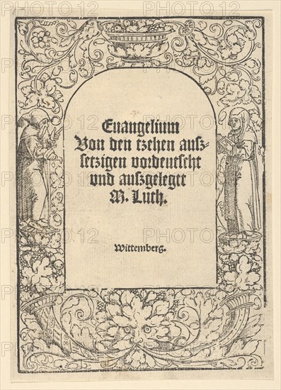 Title-border with a Hermit and a Nun, Vase of Fruit, a Mask and Cornucopias, 1520. Creator: Hans Cranach.