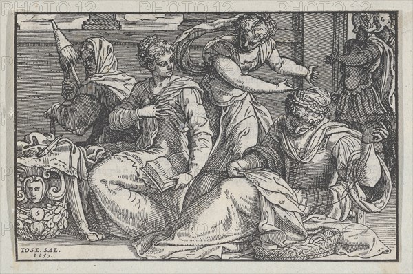 Lucretia instructing her daughters in needlework, 1557. Creator: Giuseppe Porta.