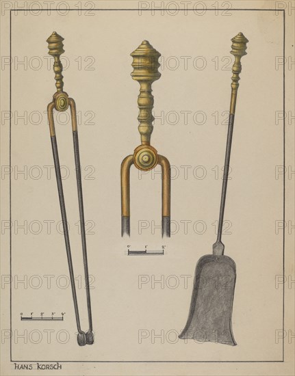 Fire Tongs and Shovel, c. 1937. Creator: Hans Korsch.