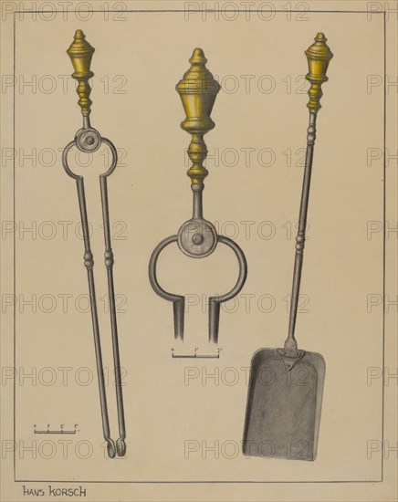 Fire Tongs and Shovel, c. 1937. Creator: Hans Korsch.