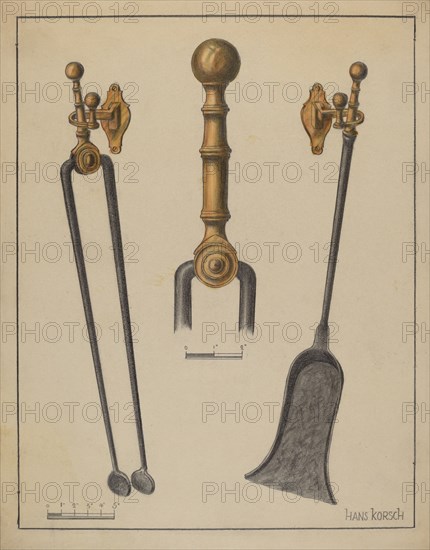 Fire Tongs, Shovel, and Jamb Hooks, c. 1937. Creator: Hans Korsch.