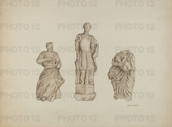 Faith, Hope and Charity: Stone Figures from Facade of Mission, 1936. Creator: Edward Jewett.