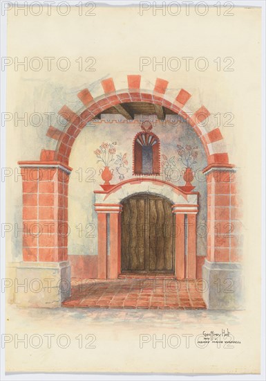 Restoration Drawing: Main Doorway & Arch to Mission House, 1938. Creators: Geoffrey Holt, Harry Mann Waddell.