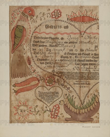 Portion of Birth Certificate, c. 1940. Creator: Albert J. Levone.