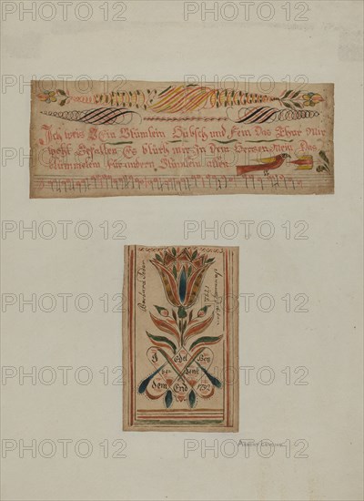 Fractur Paintings (Upper-a Hymn; Lower- Religious Motto), c. 1940. Creator: Albert J. Levone.