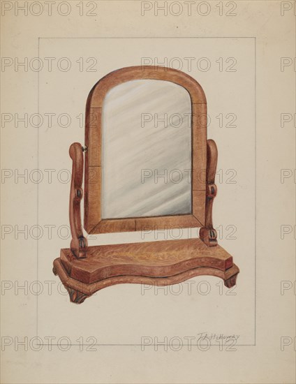 Mirror with Wood Base, c. 1937. Creator: Thomas Holloway.